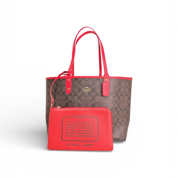 Coach Handbags - Coach Red and Brown Tote Bag with Pouch